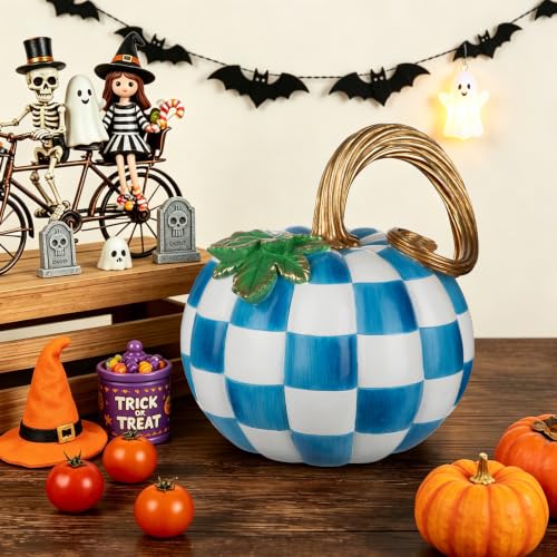 Blue White Checkered Large Decorative Pumpkin for Fall Decor - Variation of THIS listing