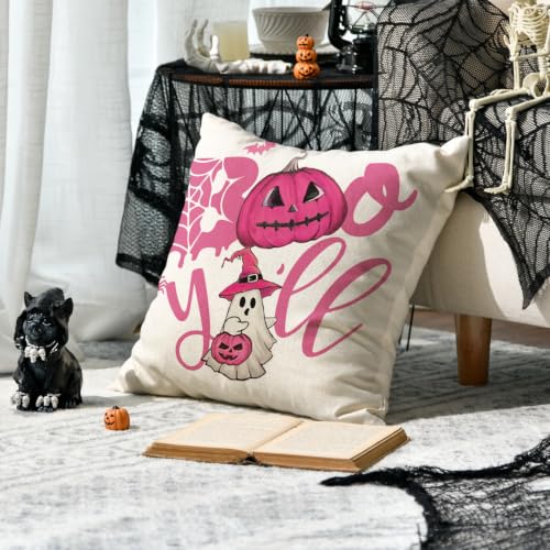 Halloween Ghost Boo Y'all Car Pumpkin Throw Pillow Covers Set of 4 - Pink 20x20 Inch