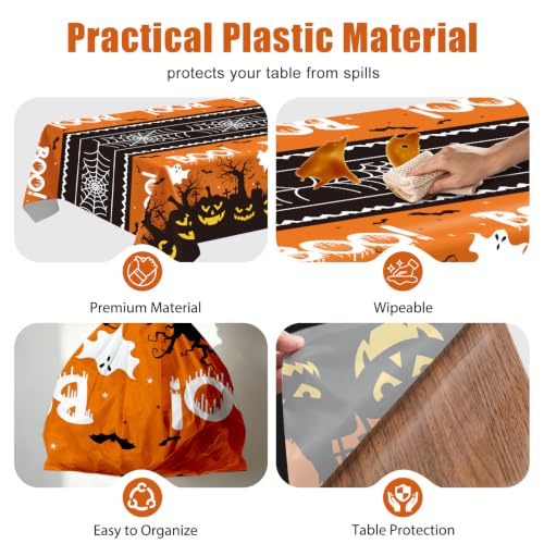 Pumpkin Ghost Boo Halloween Tablecloth 3 Pack 54x108 Inch Leakproof Plastic Covers