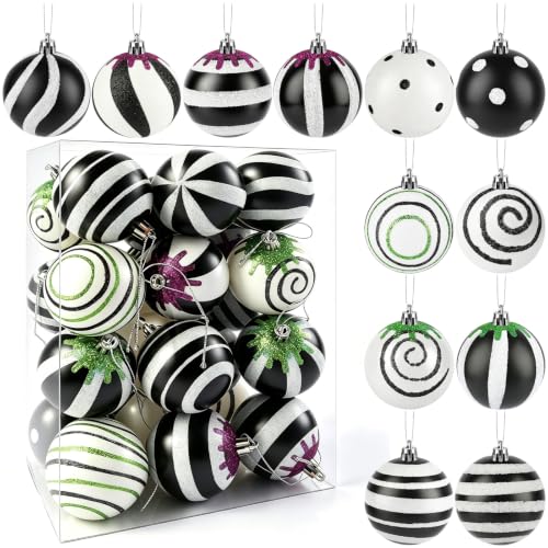 Black and White Halloween Christmas Ornament Set - 24 Pcs 2.36 Inch Holiday Decorations
