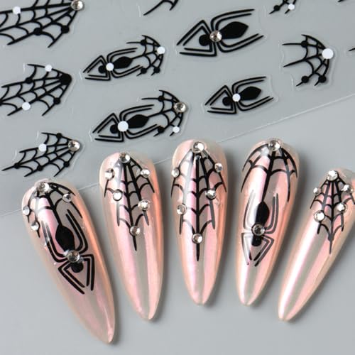 Halloween Spider Nail Stickers Rhinestone Spider Web Self-Adhesive 3D Nail Art Decals - Black Spider Web Variation