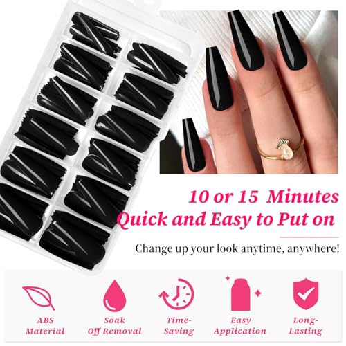 Long Black Coffin Press On Nails Set - 120 Pcs Fake Nails with Sizes & Tips
