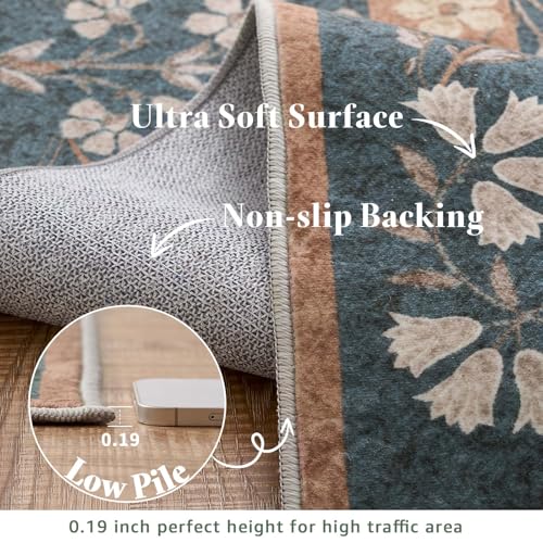 2x3 Washable Entryway Rug - Floral Non-Slip Dark Blue