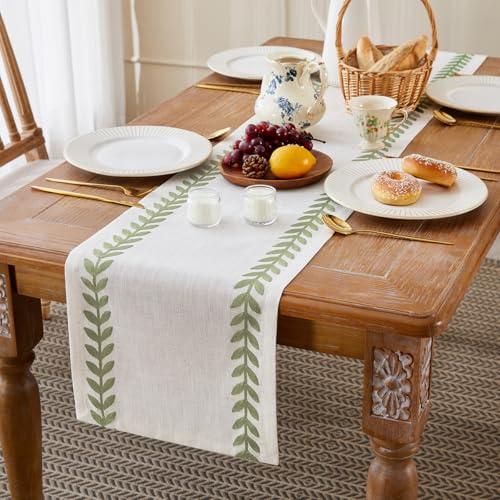 Embroidered Light Green Table Runner 13x90 Inches - Elegant Linen & Polyester