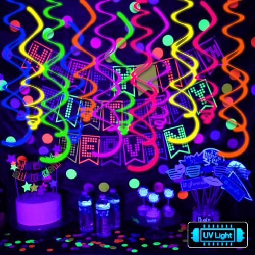 36PCS Neon Hanging Swirl Party Decorations UV Reactive Ceiling Streamers for Birthday & Halloween