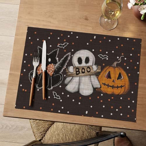 Black Ghost Cat Vinyl Placemats Set of 4 - Washable Heat Resistant Table Decor