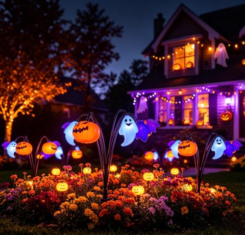Halloween Solar String Lights with Bat, Ghost & Pumpkin Decorations - Outdoor Yard & Garden Decor