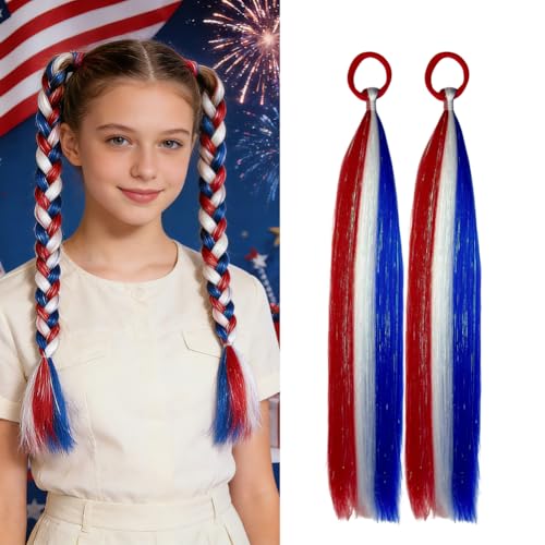 Red White Blue Hair Extension Ponytail Tinsel with Rubber Bands for Women Girls - 2pcs
