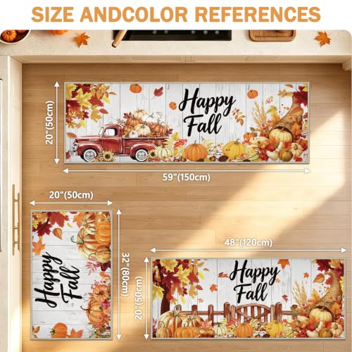 Fall Kitchen Rug Set of 3 with Pumpkins & Leaves - Non Slip Washable Mats