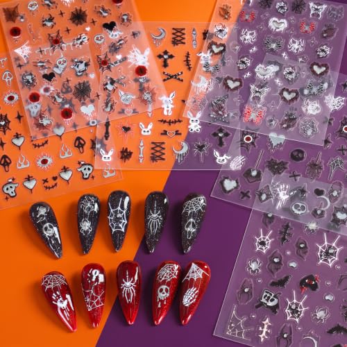 Halloween Nail Stickers - 6 Sheets Spooky Chrome Embossed Decals - Dark Ghost Variation
