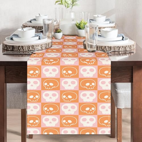 Skeleton Halloween Table Runner 13x72in Pink Orange Skull Checkerboard Decor - Variation of THIS listing