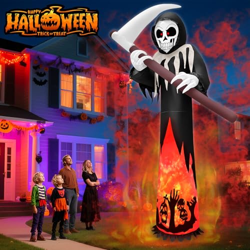 12FT Tall Halloween Inflatable Grim Reaper with Rotating Flame Lights Outdoor Decor
