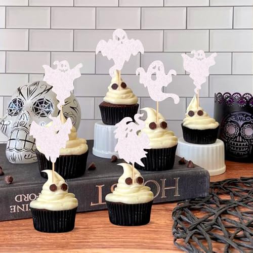 Ercadio White 25 Pack Ghost Cupcake Toppers Glitter Halloween Baby Ghost Decorations
