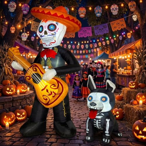 6 FT Halloween Inflatable Skeleton with Mariachi Guitar & Puppy - Outdoor Decor, Bright LEDs, Festive Yard Display (Skeleton)