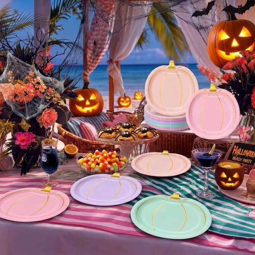 Pastel Pumpkin Disposable Plates for Halloween Fall Thanksgiving Party - 60 Pack, 9 Inch