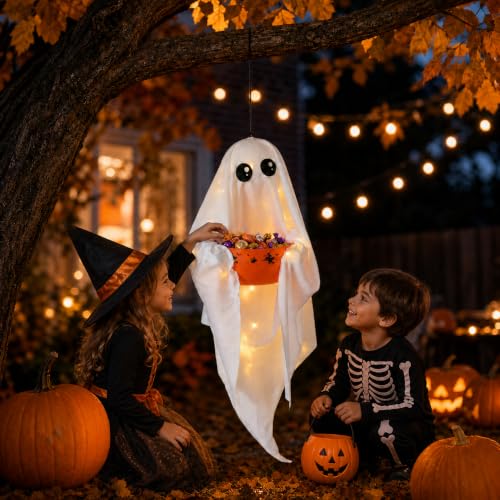 Cute Ghost Lighted Halloween Candy Bowl Hanging Decor - Trick-or-Treat