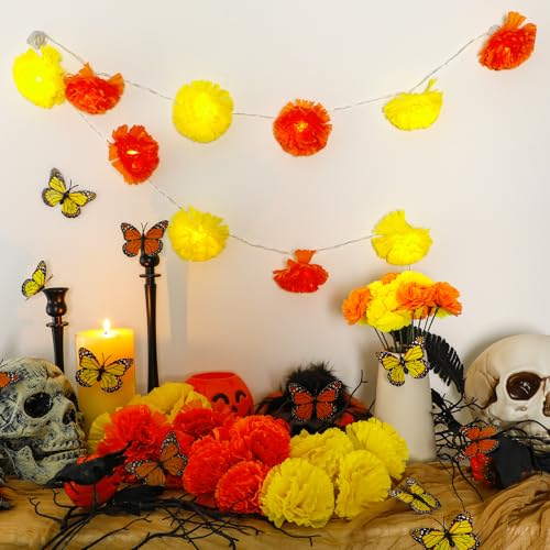 6 Pack Day of The Dead Marigold Garland with LED String Lights and Butterflies - Mexican Dia De Los Muertos Decor