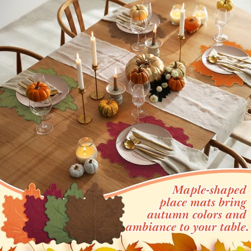 8 Pcs Maple Leaf Linen Placemats - Embroidered Washable Table Decor - Classic Design