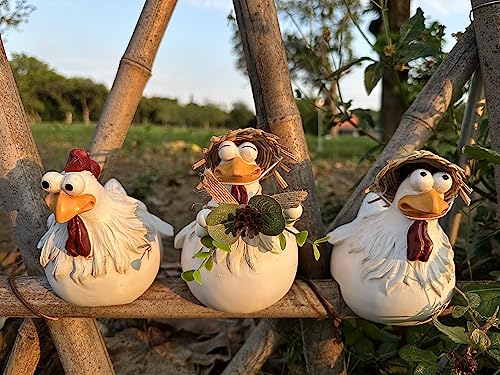Ivory Resin Chicken Fence Decor Statues Set of 3 Outdoor Garden Sculptures