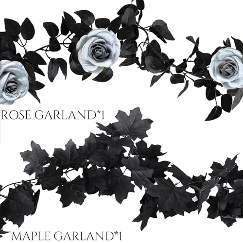 Black Rose & Maple Leaf Garland Set - Blue Gray Vines, 2 Pcs