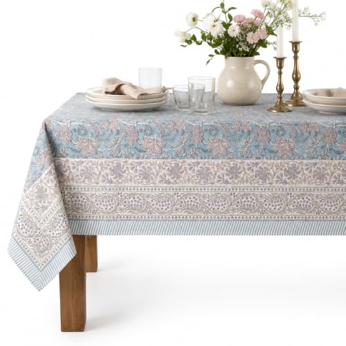 Hand Block Printed Floral Rectangle Table Cloth - Sky Blue, 108x72 Inches, Cotton, Festive & Everyday Use