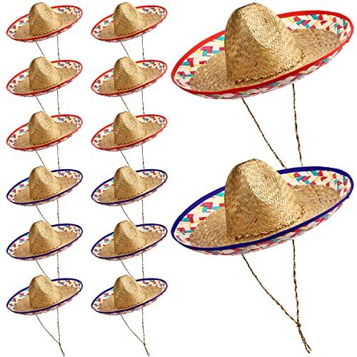 Sombrero Hats for Adults – 12 Pack Classic Mexican Style Straw Hats with Chin Strap – Party, Fiesta & Costume Accessory (Variation: Classic Color)