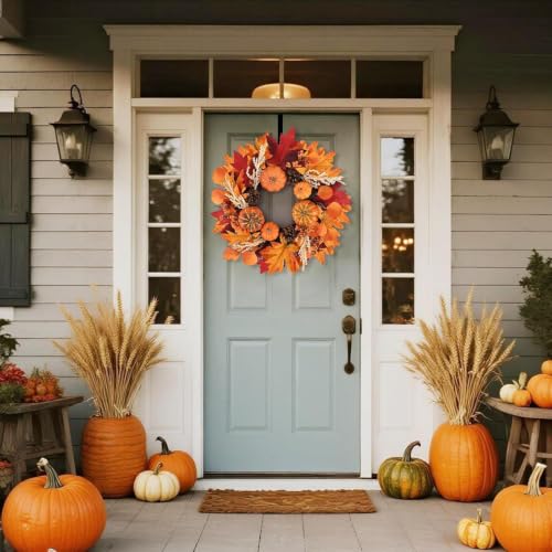 24 Inch Fall Pumpkin Wreath with Hanger - Autumn Harvest Door Decor