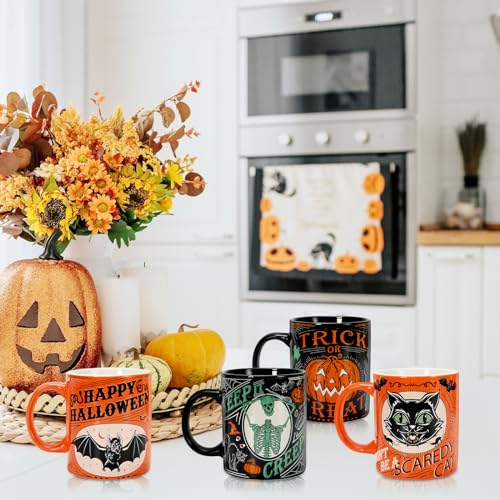 Halloween Ceramic Coffee Mug Set - Pumpkin Black Cat Skeleton 12oz