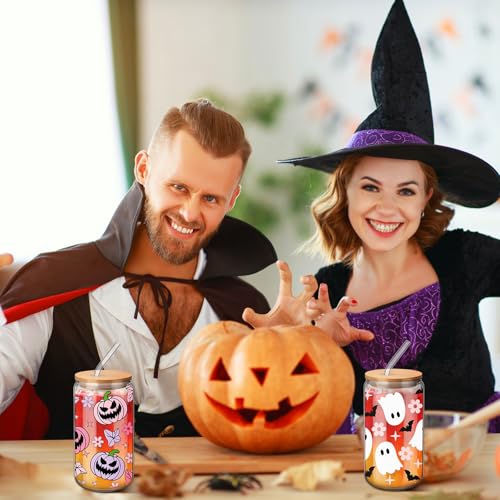 Halloween Pink Glass Cups with Lids & Straws - 4 Pack, 16 oz