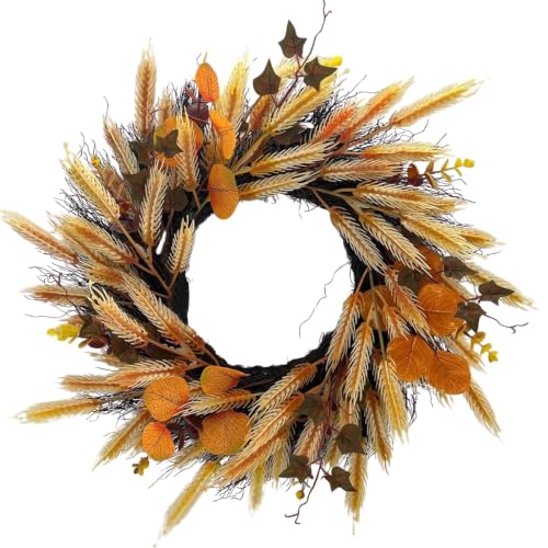 22-Inch Fall Wreath for Front Door with Wheat & Silk Leaves, Rustic Autumn Decor