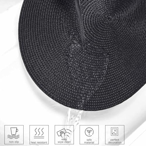 Round Placemats Set of 6 - Black Heat Resistant Washable Woven Table Mats