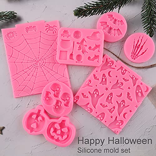 Halloween Silicone Cake & Candy Molds 7-Pack - Skull, Pumpkin, Ghost, Witch, Skeleton Hand, Bat, Spider