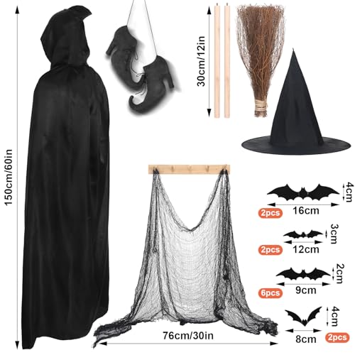 Halloween Witch Decoration Set with Wooden Broom & Accessories - Porch Decor