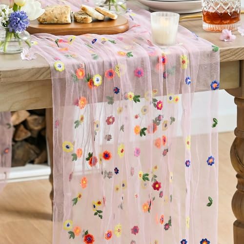 6-Piece Pink Embroidery Daisy Gauze Table Runners 28x120 Inch Set - Artoid Mode