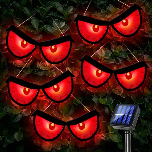 Solar Halloween Glowing Eyes Lights for Bushes & Trees - Red, 5 Pairs, Flash & Steady Modes