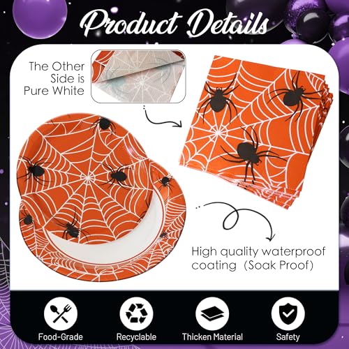 Halloween Party Decor Paper Plates & Napkins Set - Orange Spider Web Design for 25 Guests