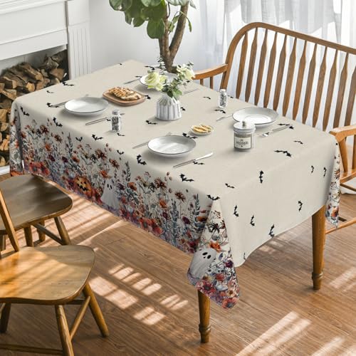 Horaldaily Halloween Tablecloth 60 x 120 Inch Rectangular Bat Ghost Pumpkin Beige