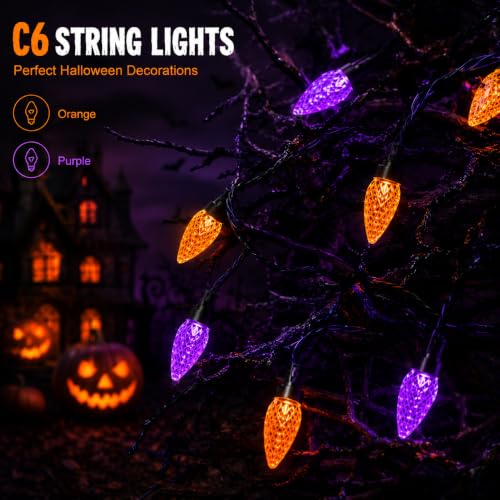 Halloween String Lights Battery Operated 29.5 Ft 100 LEDs C6 Color Change with 8 Modes - Orange