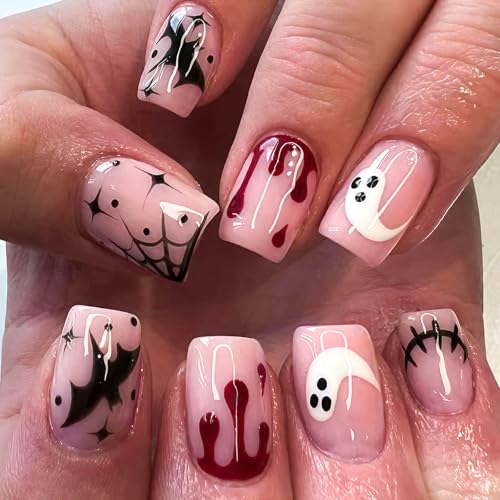 Halloween Press-On Nails Short Square Ghost Bat Blood Spider Web Design 24Pcs