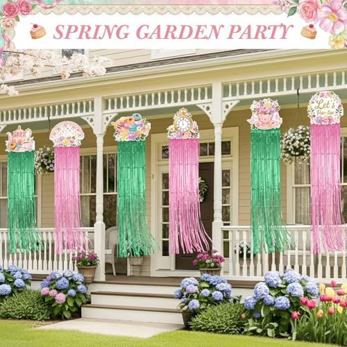 Tea Party Pink Green Hanging Decorations Set - 8 Pieces for Celebrations
