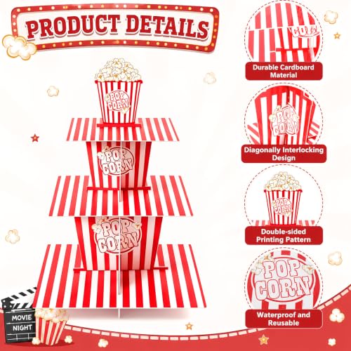 3-Tier Popcorn Cupcake Stand for Movie Night & Party Decorations - Red & White