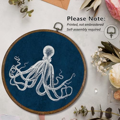 Navy Blue Coastal Octopus Wall Art Decor - Round Canvas for Living Room & Bathroom