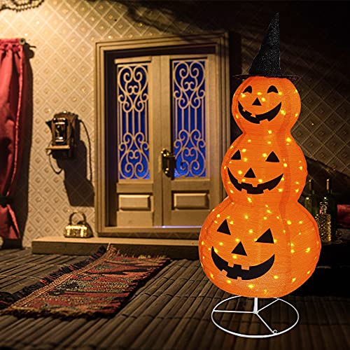 5FT Collapsible Halloween Pumpkin Decoration with Pre-Lit Lights and Metal Stand