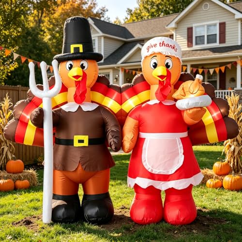 Thanksgiving Inflatable Turkey Couple Decorations with LED Lights - Festive Yard Decor - Variation of Turkey Couples