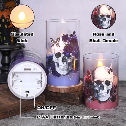 Halloween Flameless Candles Set of 3 Skull & Rose with Remote Timer - Indoor Decor
