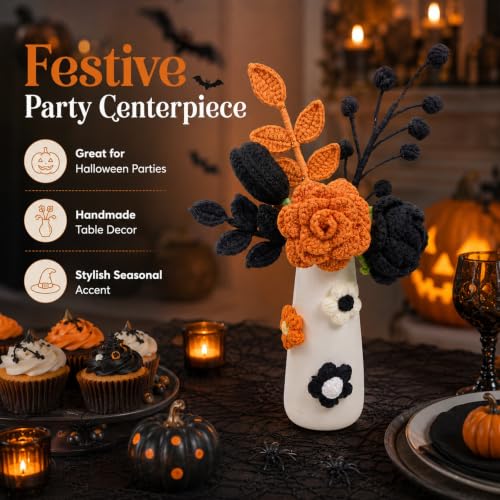 Halloween Crochet Flowers Bouquet with Vase - Black & Orange Handmade Fall Decor