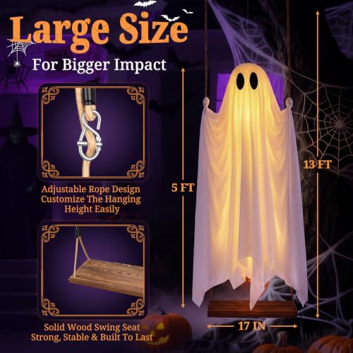 5FT Hanging Ghost Decor with Lights - Outdoor Halloween Swing Spirit