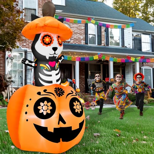 5 Ft Inflatable Halloween Skeleton Cat on Pumpkin with LED Lights - Day of The Dead Decor