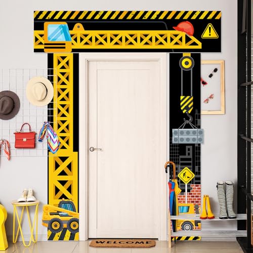 Construction Door Banner Set - Party Decorations for Construction Theme Events - Includes Top & Porch Banners - Yellow Excavator Design - Variation: Construction