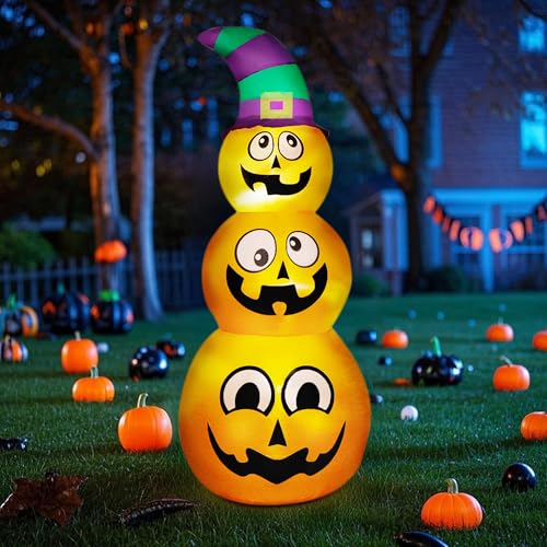 Inflatable Halloween Pumpkins with Witch Hat and LED Lights - 5 Ft Outdoor Yard Decor